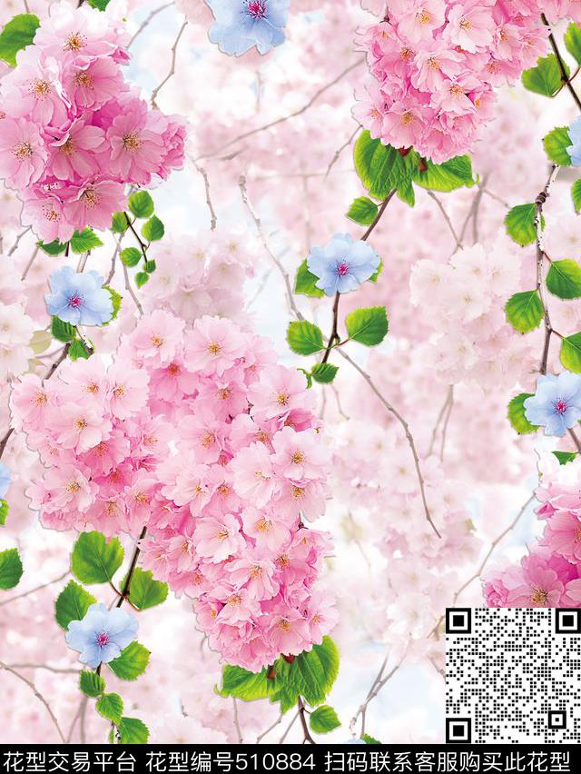 粉红花卉世界 - 510884 - 1色 时尚 数码 - 数码印花花型 － 床品花型设计 － 瓦栏