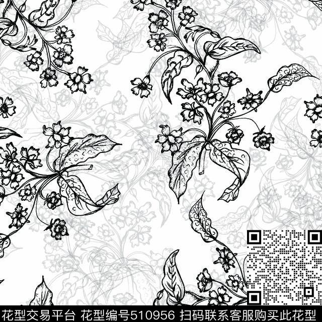 抽象花几何传统印花花型下载（图片编号: 510956） - 瓦栏（Walan）