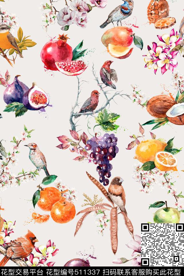 手绘水彩花鸟水果组合 - 511337 - 鸟 石榴、葡萄、柠檬、香蕉、菠萝 手绘 - 数码印花花型 － 女装花型设计 － 瓦栏