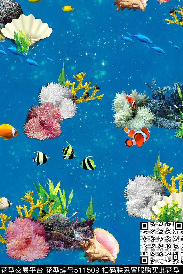 海底世界贝壳珊瑚热带鱼 - 511509 - 写实 热带鱼 珊瑚 - 数码印花花型 － 女装花型设计 － 瓦栏