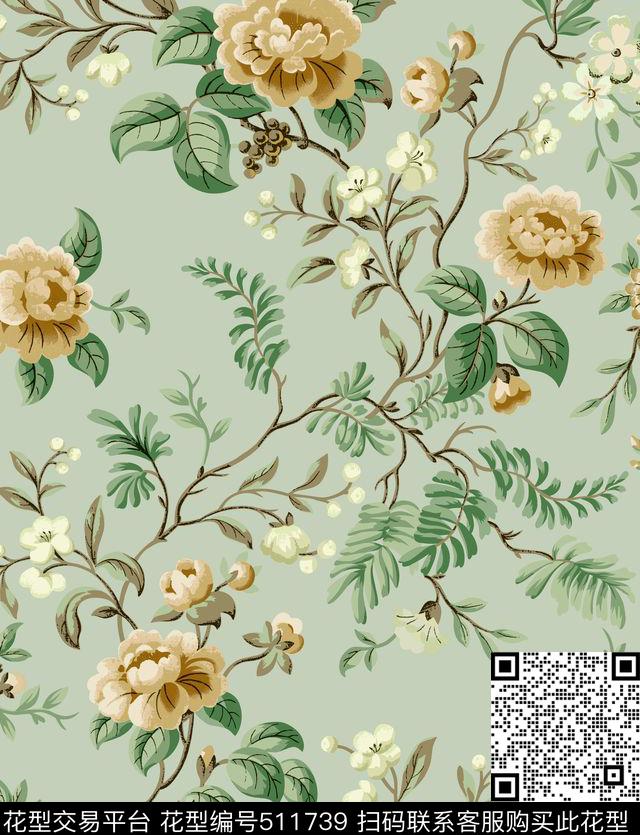 绿叶枝叶花朵数码印花花型下载（图片编号: 511739） - 瓦栏（Walan）