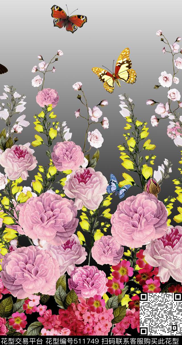 渐变牡丹花花朵数码印花花型下载（图片编号: 511749） - 瓦栏（Walan）