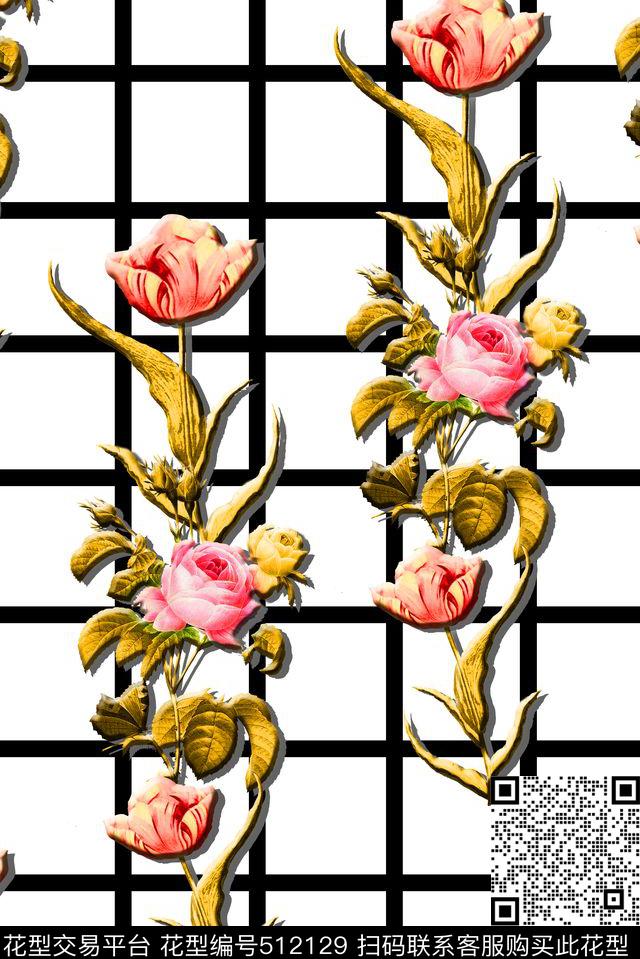 时尚花卉黑格子数码印花花型下载（图片编号: 512129） - 瓦栏（Walan）