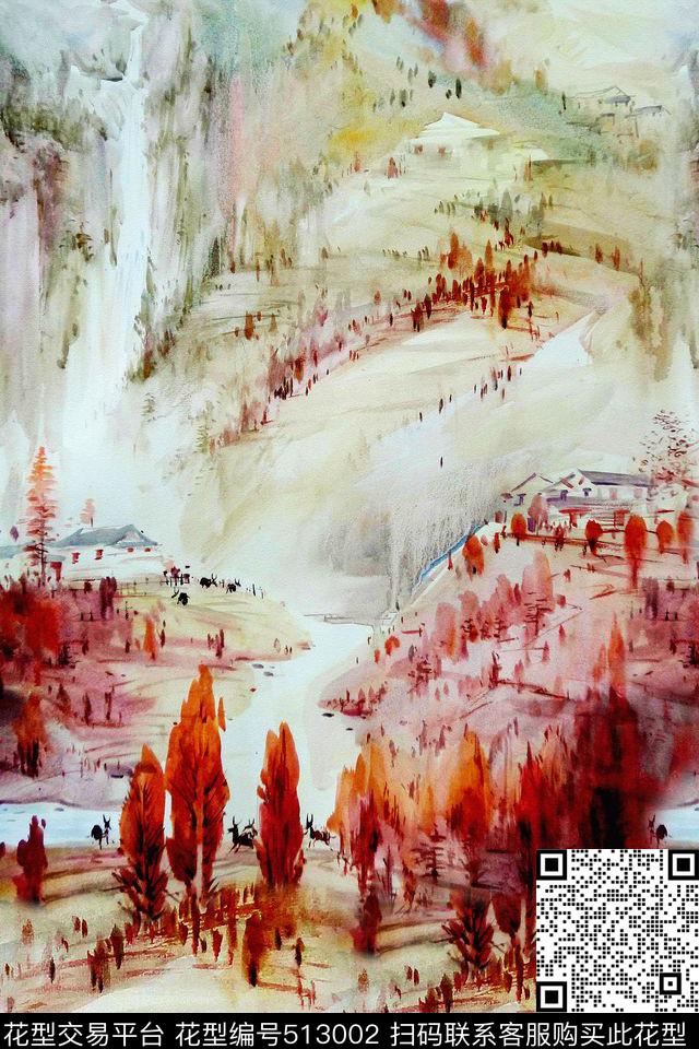 彩色水墨画山水画山谷数码印花花型下载（图片编号: 513002） - 瓦栏（Walan）