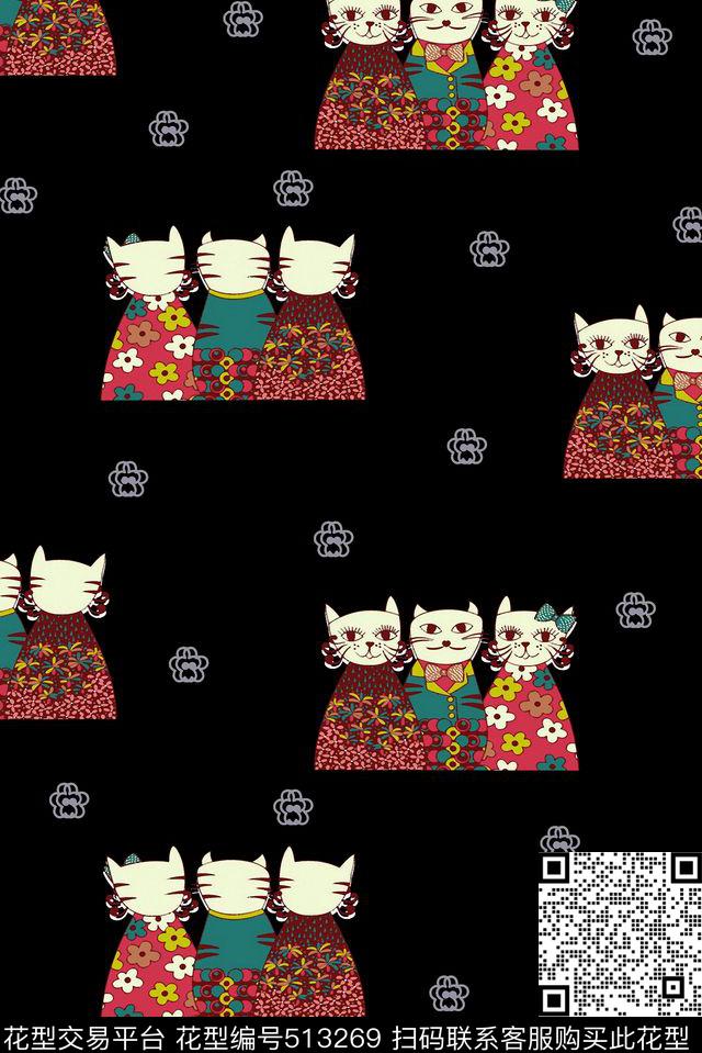 波点几何猫传统印花花型下载（图片编号: 513269） - 瓦栏（Walan）