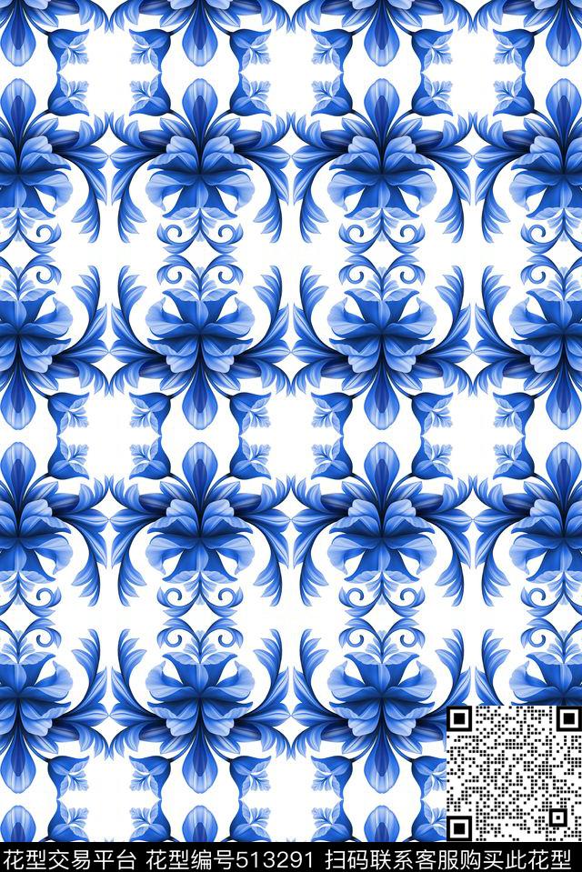 时尚花纹青花瓷传统印花花型下载（图片编号: 513291） - 瓦栏（Walan）