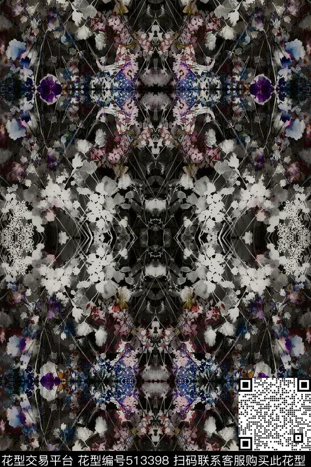 狂想曲 - 513398 - 水彩 暗黑 纹理 - 数码印花花型 － 女装花型设计 － 瓦栏