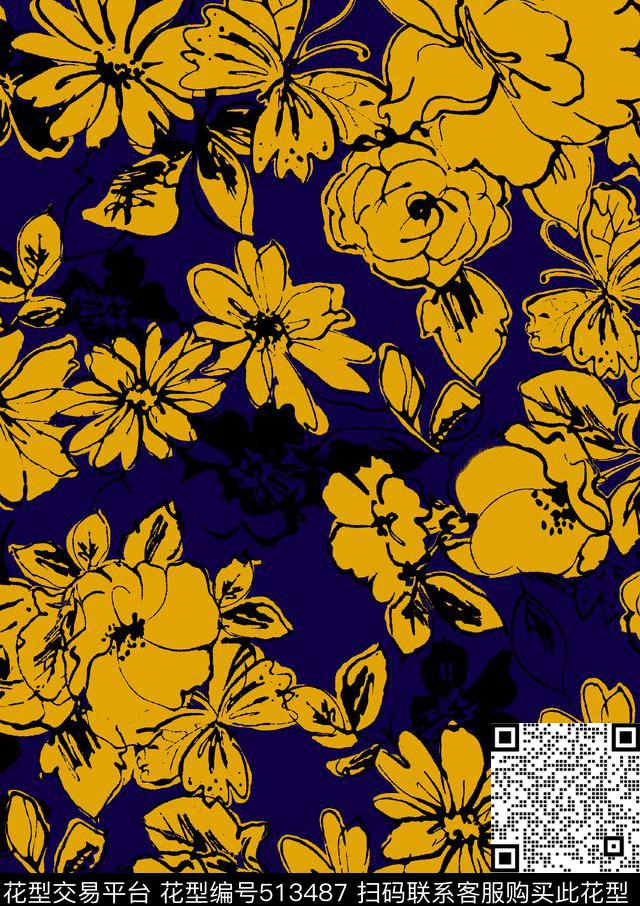 传统印花花卉线条花卉传统印花花型下载（图片编号: 513487） - 瓦栏（Walan）