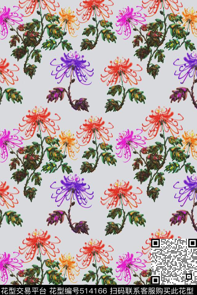 典雅菊花浪漫。数码印花花型下载（图片编号: 514166） - 瓦栏（Walan）