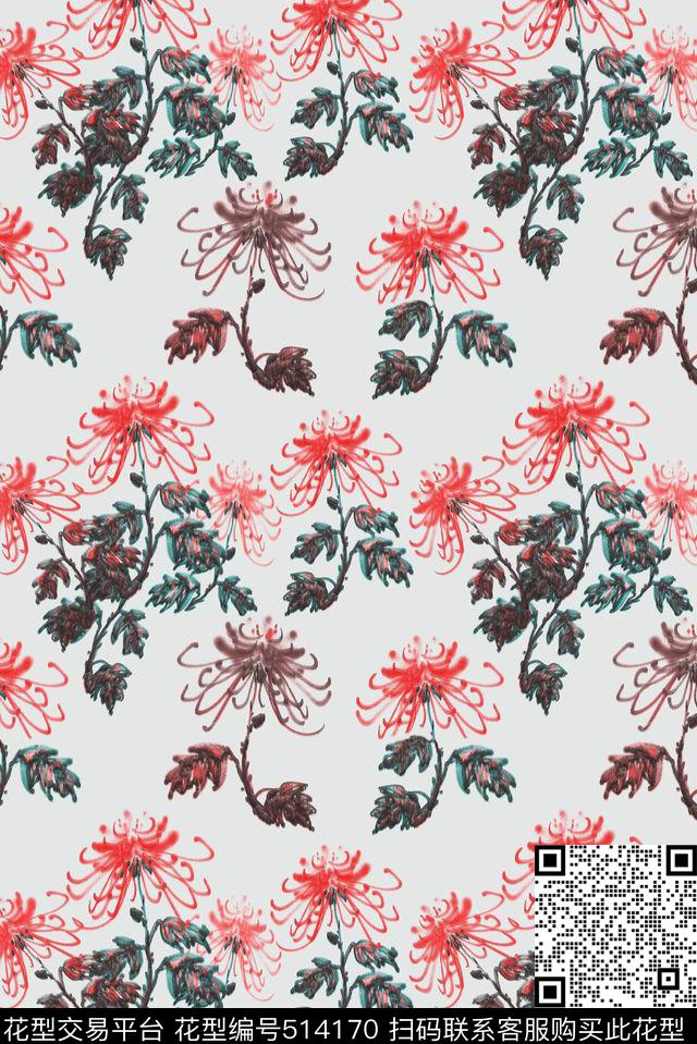 典雅菊花浪漫。数码印花花型下载（图片编号: 514170） - 瓦栏（Walan）