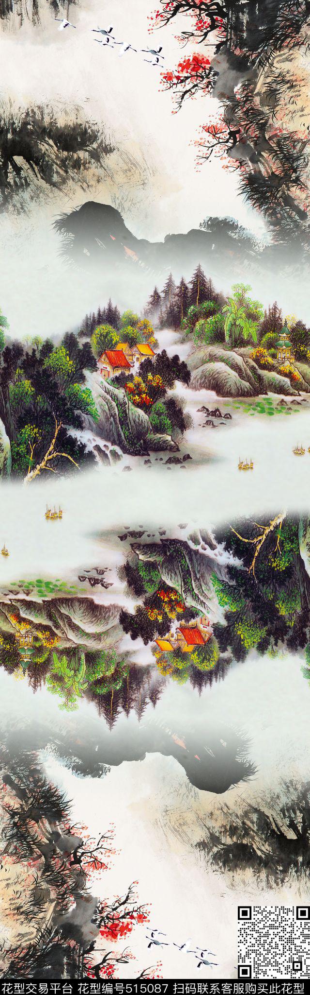 风景山水水墨数码印花花型下载（图片编号: 515087） - 瓦栏（Walan）