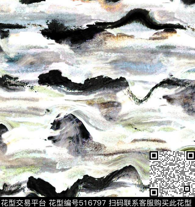 抽象山水水墨数码印花花型下载（图片编号: 516797） - 瓦栏（Walan）