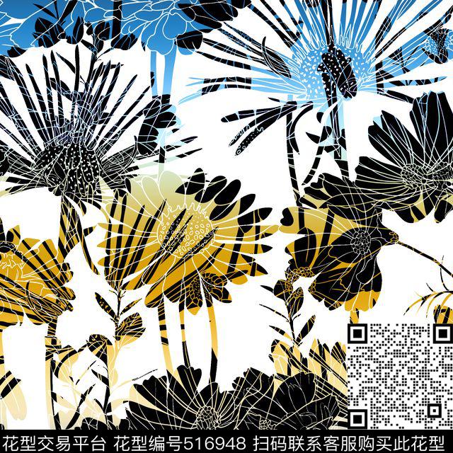 花卉剪影简约传统印花花型下载（图片编号: 516948） - 瓦栏（Walan）