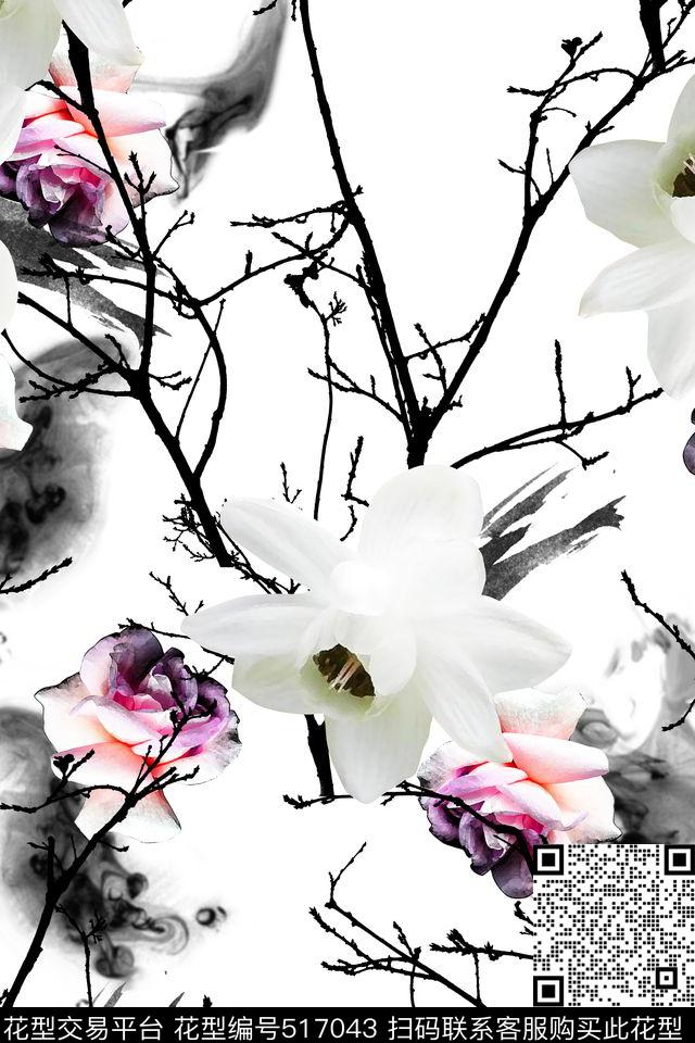 树枝中国风花卉数码印花花型下载（图片编号: 517043） - 瓦栏（Walan）