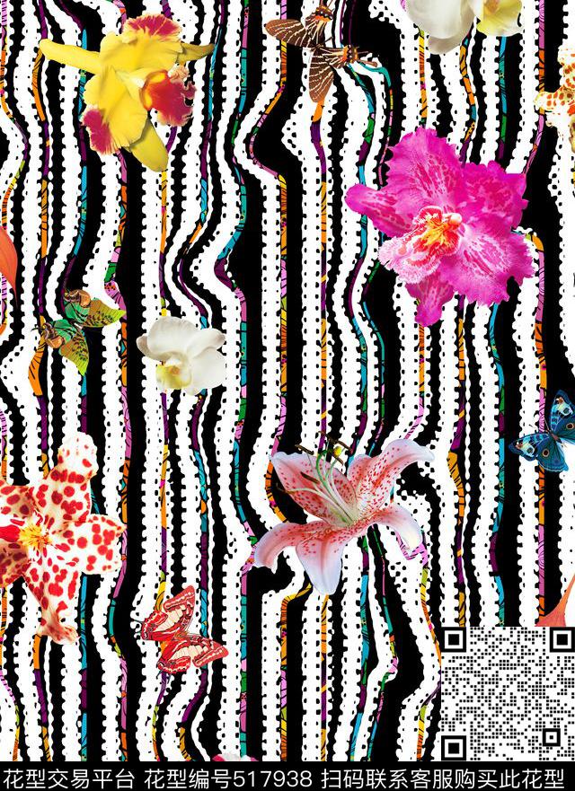 花卉条纹E-花卉几何/Flowers数码印花花型下载（图片编号: 517938） - 瓦栏（Walan）