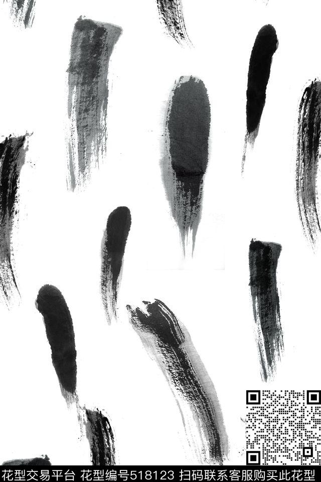 笔触水墨中国风数码印花花型下载（图片编号: 518123） - 瓦栏（Walan）