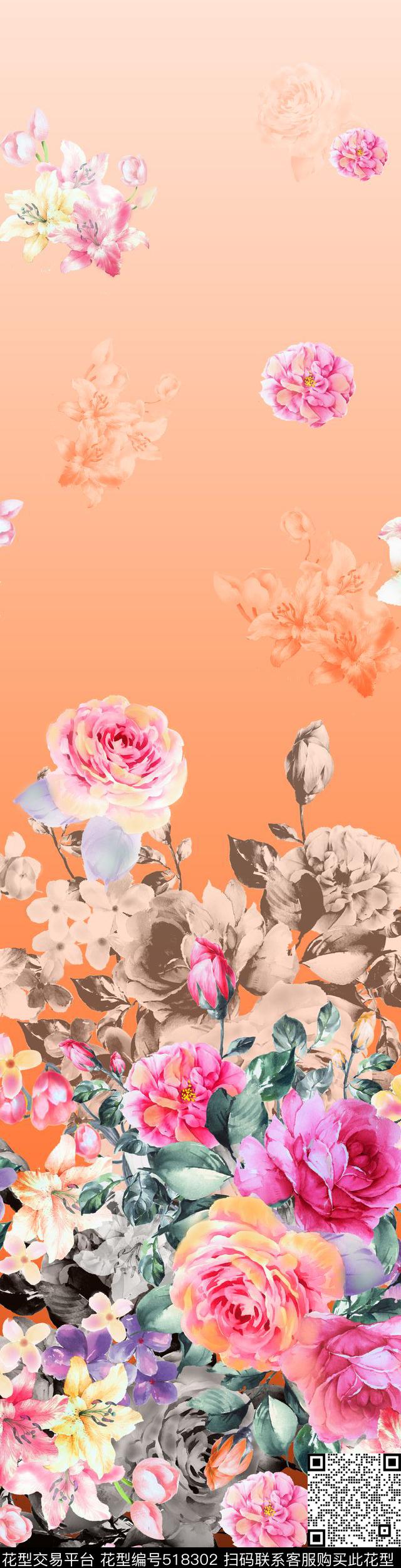 时尚简洁定位花 - 518302 - 定位 花卉 写意 - 数码印花花型 － 女装花型设计 － 瓦栏