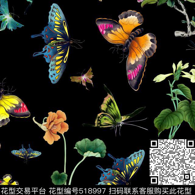 蝴蝶时尚流行中国画数码印花花型下载（图片编号: 518997） - 瓦栏（Walan）