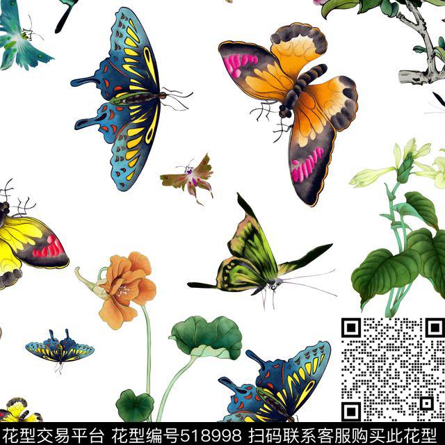 蝴蝶时尚流行中国画数码印花花型下载（图片编号: 518998） - 瓦栏（Walan）