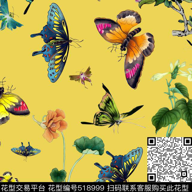 蝴蝶时尚流行中国画数码印花花型下载（图片编号: 518999） - 瓦栏（Walan）