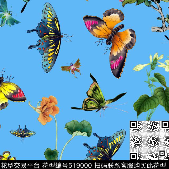 蝴蝶时尚流行中国画数码印花花型下载（图片编号: 519000） - 瓦栏（Walan）
