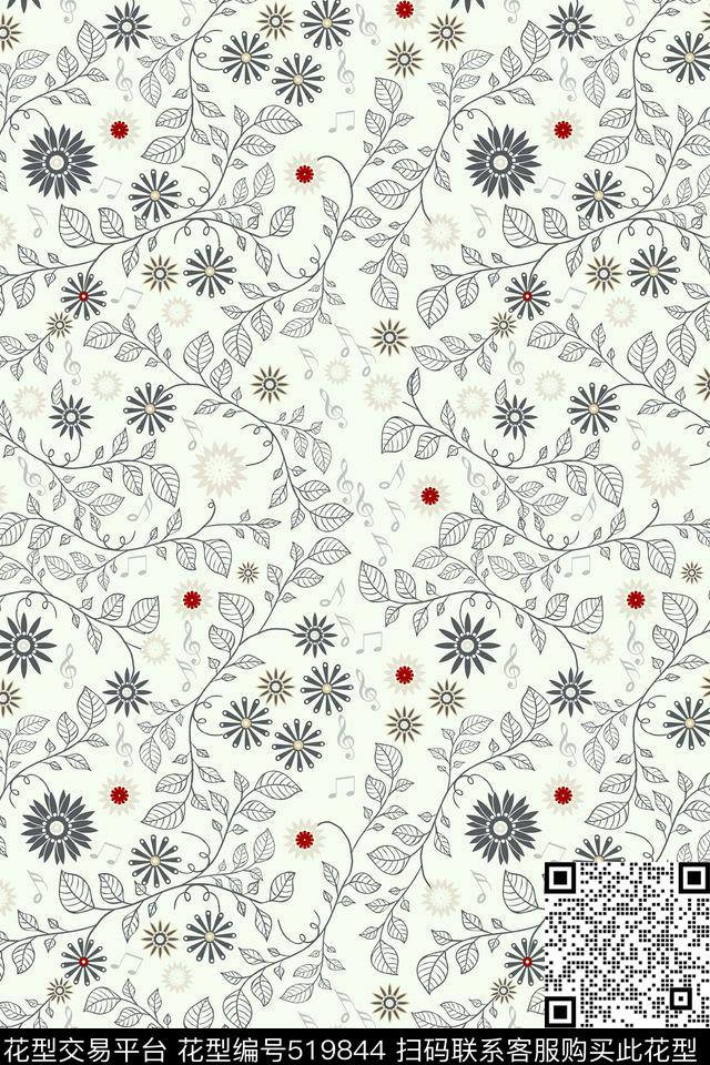 春天花绿色传统印花花型下载（图片编号: 519844） - 瓦栏（Walan）