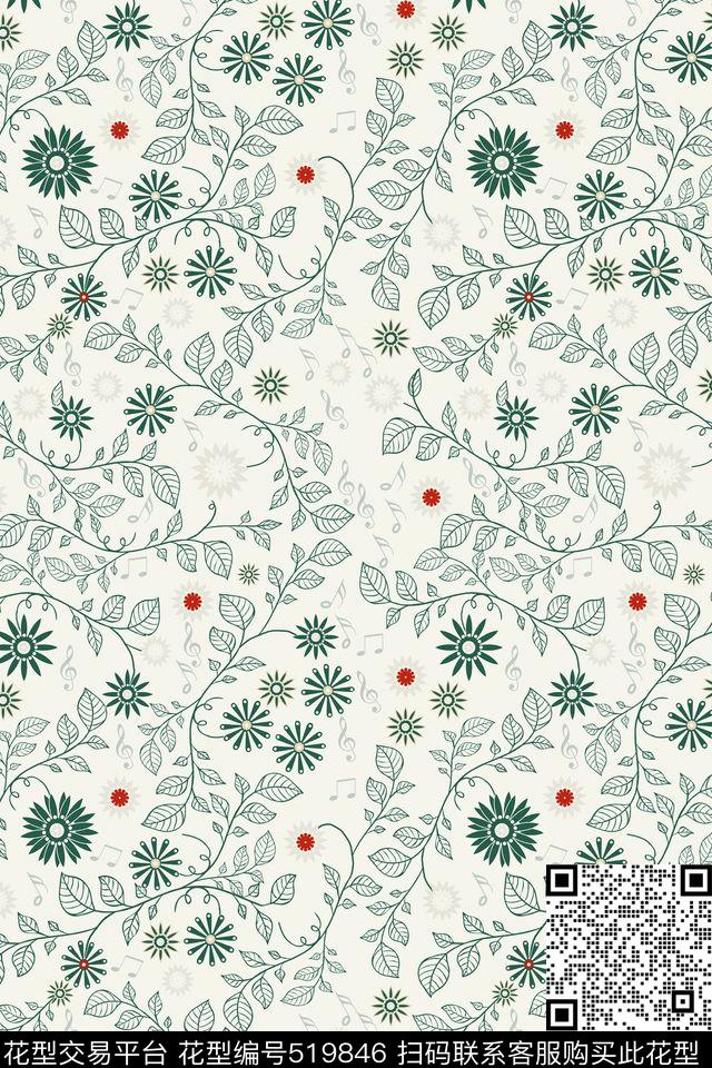 春天花绿色传统印花花型下载（图片编号: 519846） - 瓦栏（Walan）