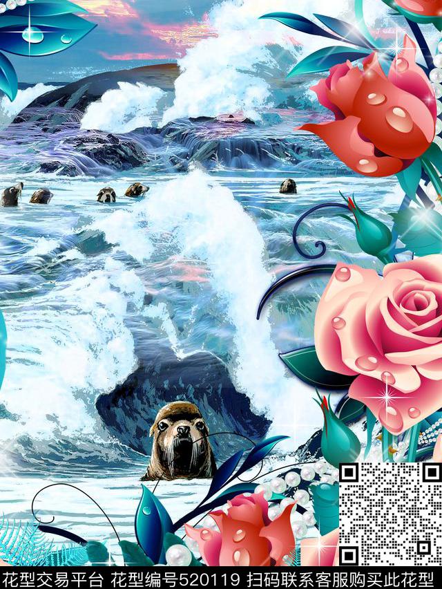 艺术风景北极海狮海洋动物花卉玫瑰组合女装泳装男装沙滩裤海滨度假衬衣外套qt-qp1 - 520119 - 北极 风景 海狮 - 数码印花花型 － 泳装花型设计 － 瓦栏