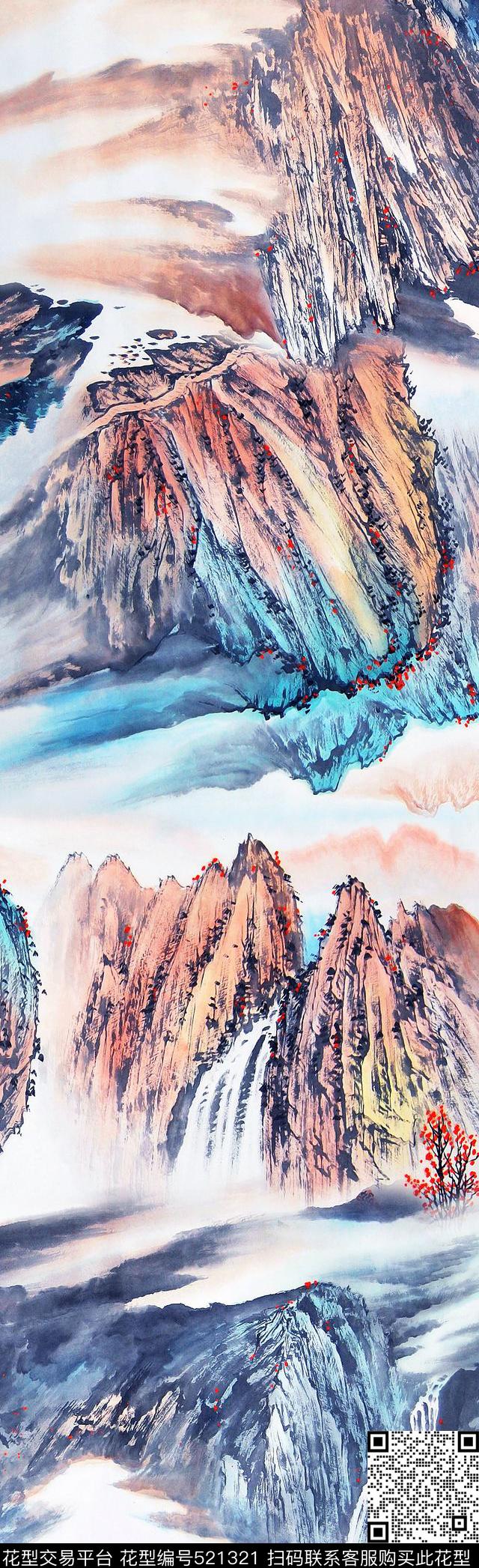 风景国画名画数码印花花型下载（图片编号: 521321） - 瓦栏（Walan）