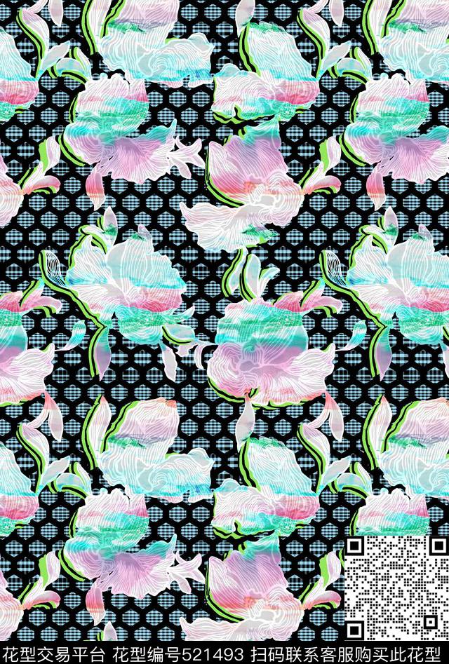 古典迷幻混搭时尚线描大花迷幻风景几何网格条格格纹叠加数码印花花型下载（图片编号: 521493） - 瓦栏（Walan）