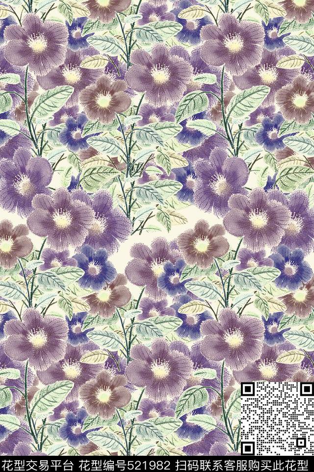 电脑绘画花卉浪漫数码印花花型下载（图片编号: 521982） - 瓦栏（Walan）