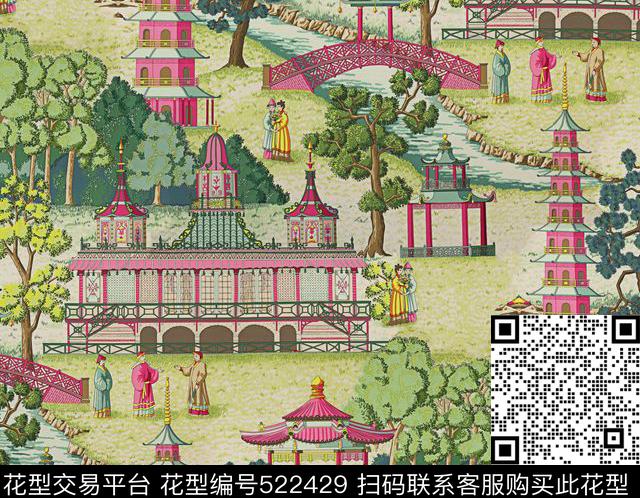 手绘古建筑草地数码印花花型下载（图片编号: 522429） - 瓦栏（Walan）