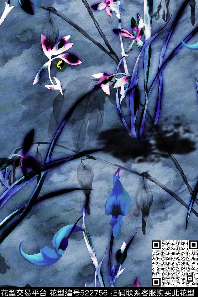 兰花中国风水墨风数码印花花型下载（图片编号: 522756） - 瓦栏（Walan）