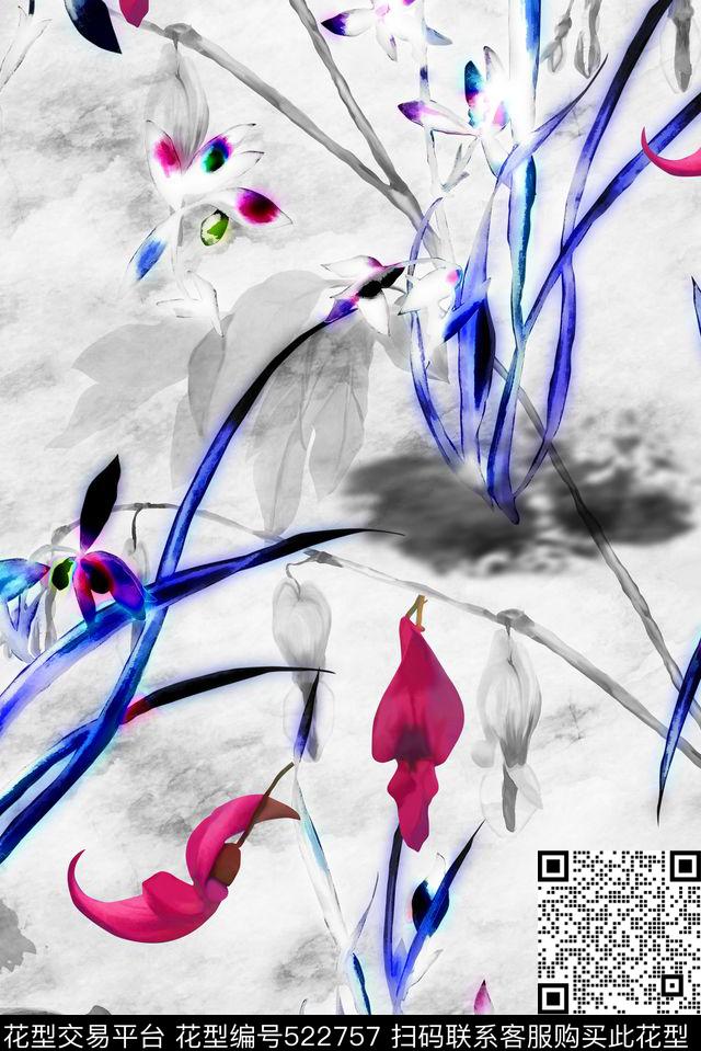 兰花中国风水墨风数码印花花型下载（图片编号: 522757） - 瓦栏（Walan）