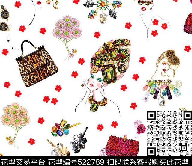 手绘美女画钻石数码印花花型下载（图片编号: 522789） - 瓦栏（Walan）
