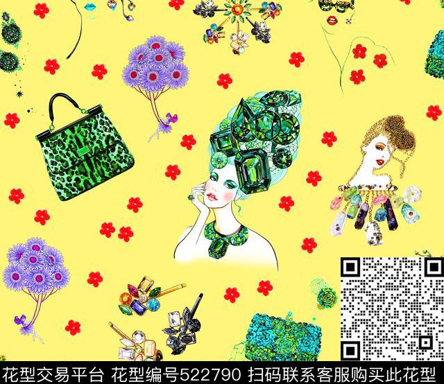 手绘美女画钻石数码印花花型下载（图片编号: 522790） - 瓦栏（Walan）