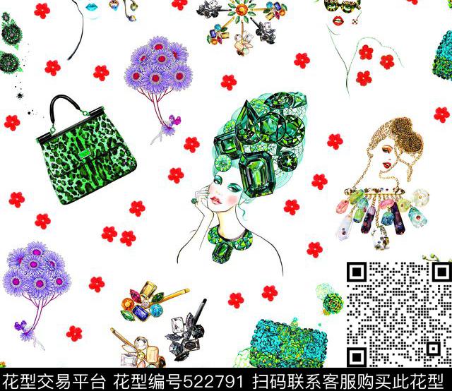 手绘美女画钻石数码印花花型下载（图片编号: 522791） - 瓦栏（Walan）