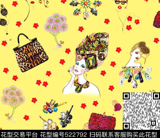 手绘美女画钻石数码印花花型下载（图片编号: 522792） - 瓦栏（Walan）