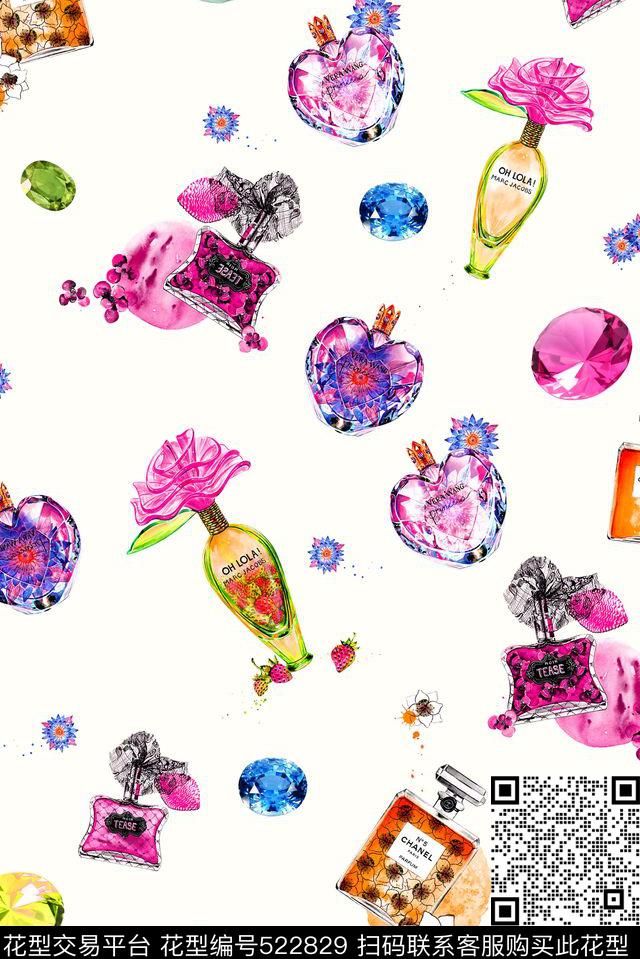 手绘香水瓶宝石小花水果组合 - 522829 - 手绘 水果草莓 香水瓶 - 数码印花花型 － 女装花型设计 － 瓦栏