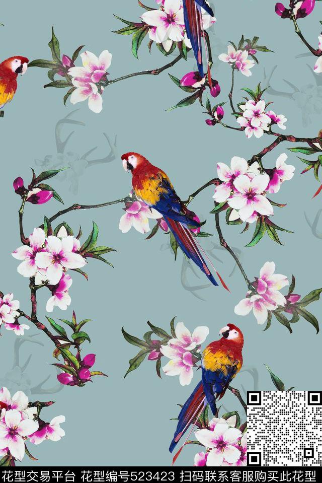 花卉梅花鹦鹉数码印花花型下载（图片编号: 523423） - 瓦栏（Walan）