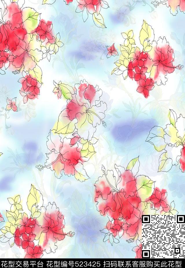 花卉大花红花数码印花花型下载（图片编号: 523425） - 瓦栏（Walan）