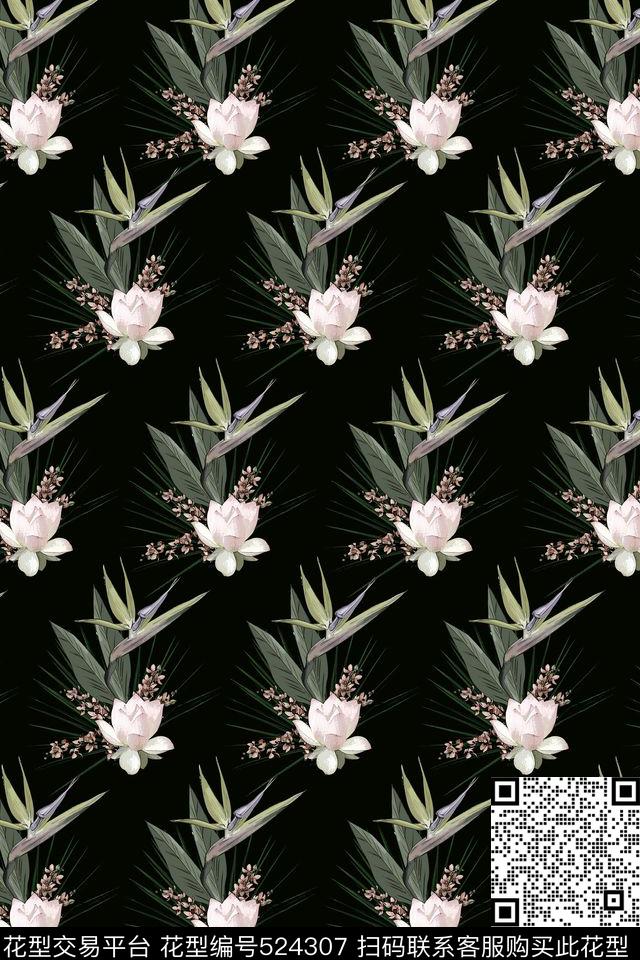 复古男士休闲衬衫女士短裙手绘花卉天堂鸟荷花传统印花花型下载（图片编号: 524307） - 瓦栏（Walan）