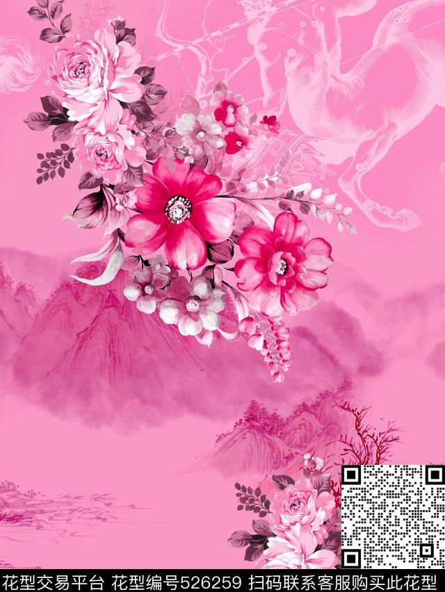定位数码山水花卉数码印花花型下载（图片编号: 526259） - 瓦栏（Walan）