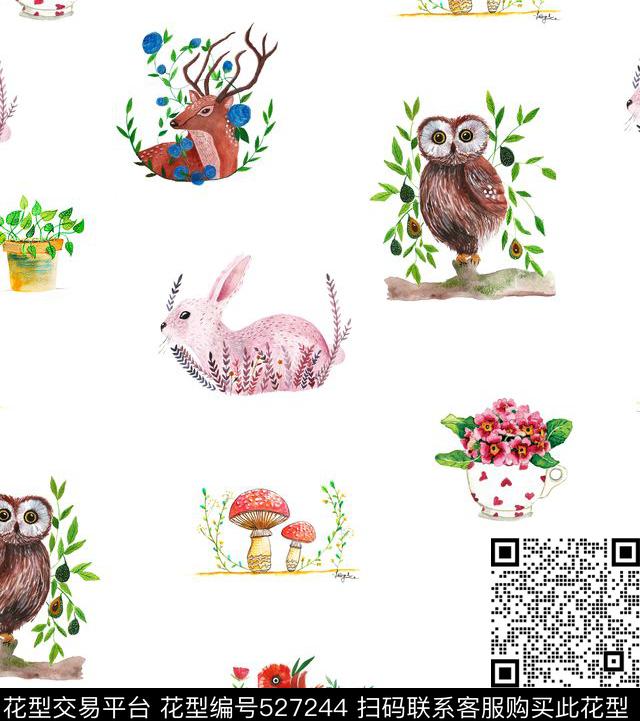 手绘动物猫头鹰小鹿数码印花花型下载（图片编号: 527244） - 瓦栏（Walan）