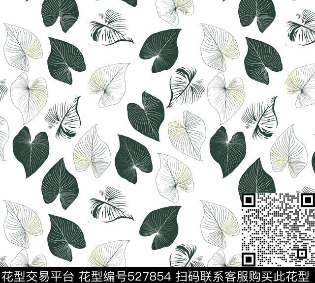 满版散花简约绿植树叶传统印花花型下载（图片编号: 527854） - 瓦栏（Walan）