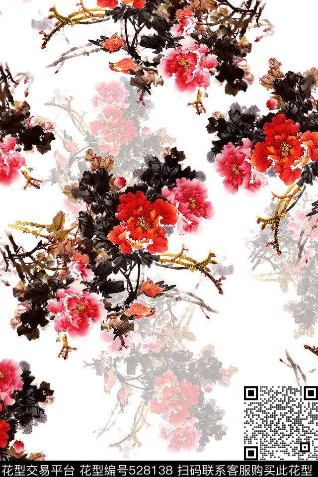 牡丹花水墨画中国风数码印花花型下载（图片编号: 528138） - 瓦栏（Walan）