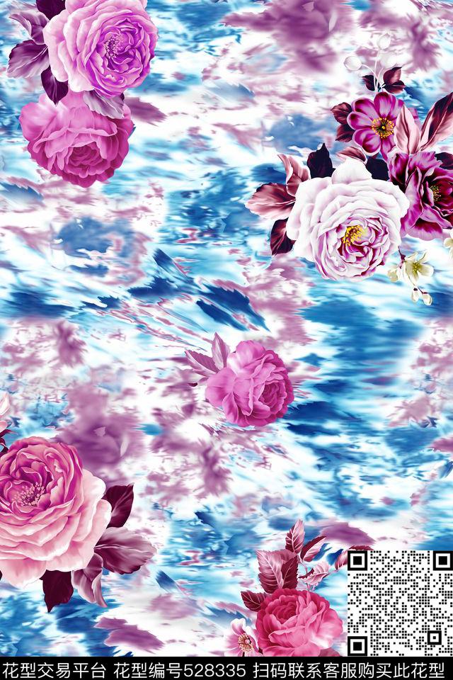 抽象彩色云纹牡丹花 - 528335 - 抽象 牡丹花 彩色云纹 - 数码印花花型 － 女装花型设计 － 瓦栏