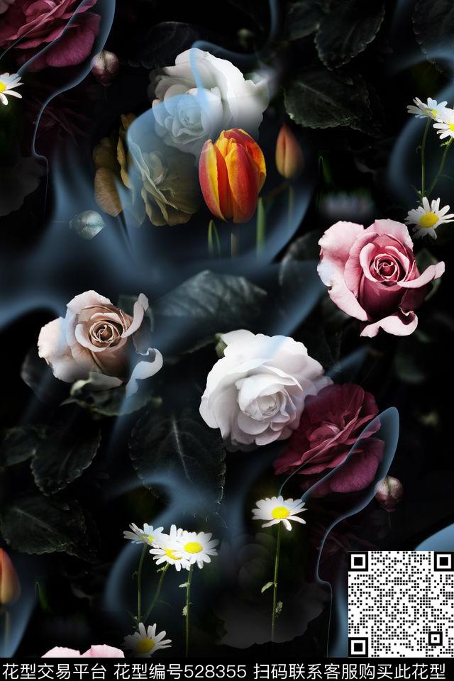花卉云烟复古数码印花花型下载（图片编号: 528355） - 瓦栏（Walan）