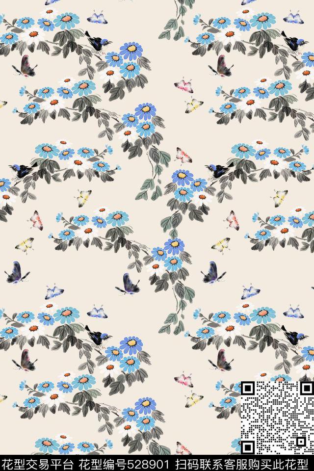 传统国画蝴蝶数码印花花型下载（图片编号: 528901） - 瓦栏（Walan）