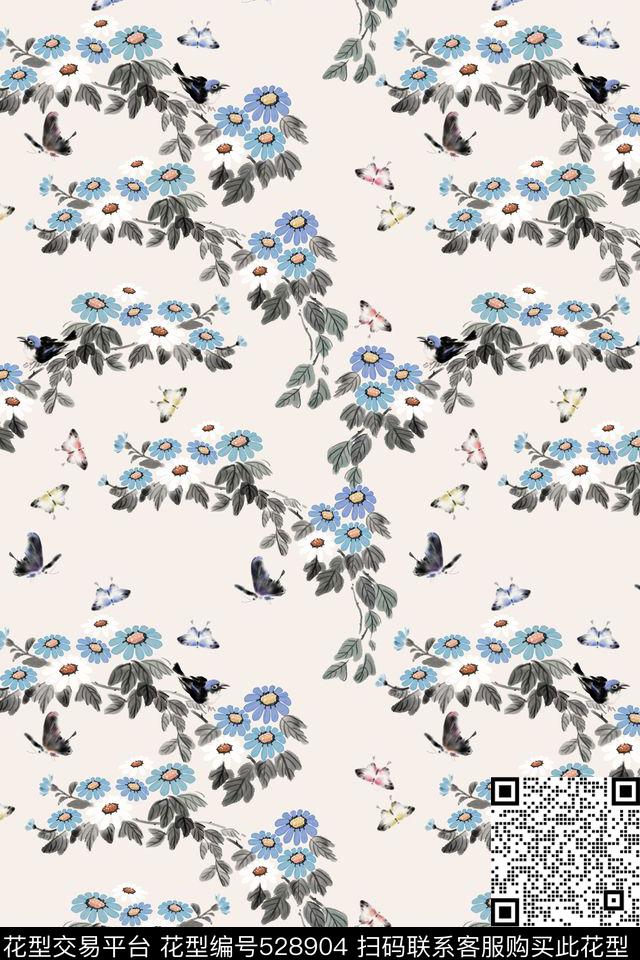 传统国画蝴蝶数码印花花型下载（图片编号: 528904） - 瓦栏（Walan）